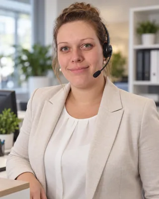 Sonja Marie Isermann mit Headset, Ihre Ansprechpartnerin für Kontakt und Organisation